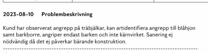 Textdokument på svenska om angrepp på träbjälkar av blåhjon och barkborrar; ingen sanering behövs.