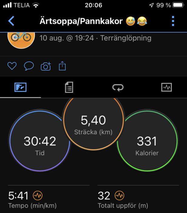 Skärm från träningsapp visar löpdistans 5,40 km, tid 30:42, kaloriförbrukning 331 kcal och tempo.