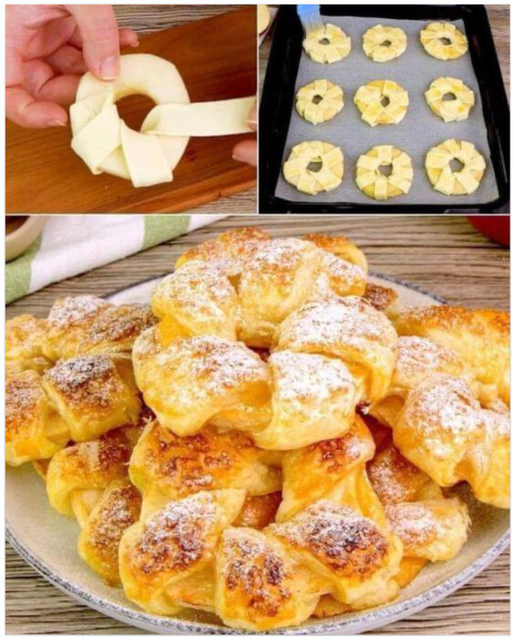 Steg-för-steg bilder: degknutstillverkning, ogräddade på bakplåt, färdigbakade florsockerströdda bullar.