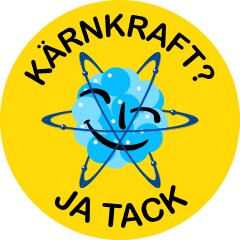 Gul rund dekal, atommodell, "kärnkraft? ja tack" text, blå och svart, pro-nukleär energi symbol.