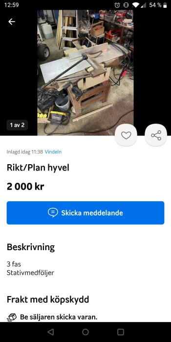 En skärmbild från en annons för en begagnad rikt/planhyvel till salu, inkluderar pris och platsinformation.