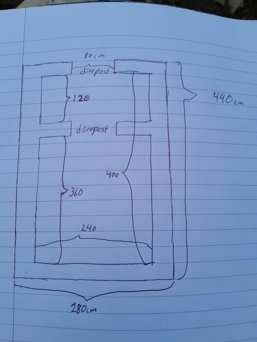 Handritad skiss med mått för rumlayout och dörrposter på rutat papper.