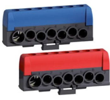 Två LEGO-teknikdelar med axelhål; en blå övre del, en röd nedre del.