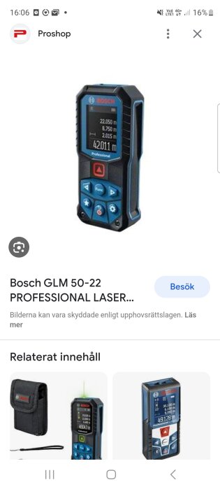 Bosch GLM 50-22 professionellt laseravståndsmätare, blå och svart, display visar mätvärden.