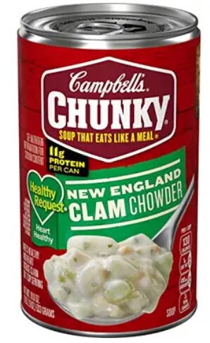 En burk Campbell's Chunky New England Clam Chowder soppa, hjärthälsosam variant, 11g protein.