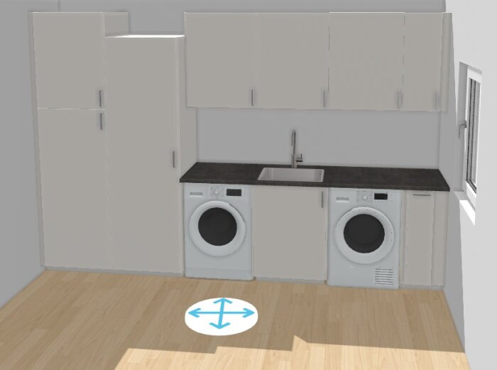 Modern tvättstuga, vita skåp, tvättmaskiner, fönster, mörk bänkskiva, trägolv, interiör.