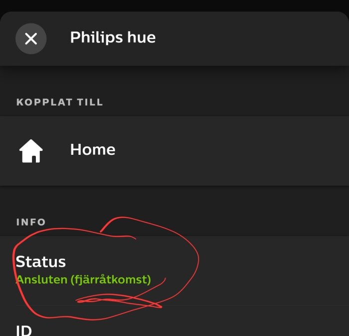 Skärmdump av en app med texten "Philips hue", indikation på att enheten är "Ansluten (fjärråtkomst)".