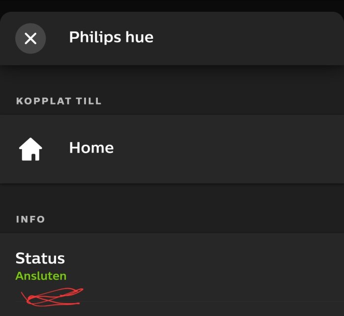 Gränssnitt för Philips Hue-app; ansluten till 'Home'; skärmdump med otydlig markering över ordet "Ansluten".