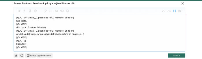 Ett skärmklipp av en textredigerare på ett forum med citatfunktion och svarsfunktion aktiverad.