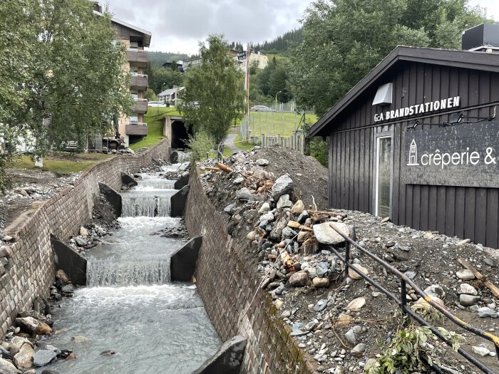 Bäck i rännil, stenar, byggnad med skylt "G:a Brandstationen", gröna träd, backtäckt kulle, molnig himmel.