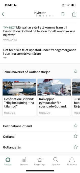 Skärmdump av nyhetsapp med artiklar om tekniska problem hos Destination Gotland.