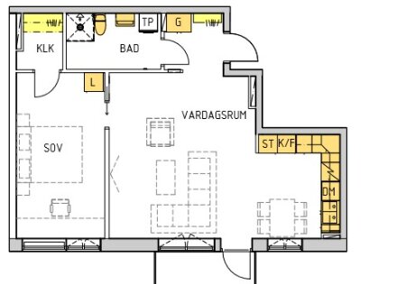 Planritning av en lägenhet med kök, vardagsrum, badrum, sovrum och klädkammare. Inredd och schematisk.