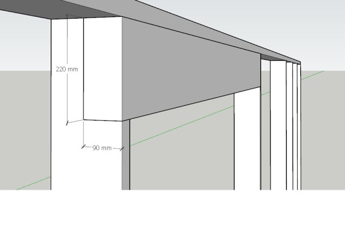 Teknisk ritning, del av konstruktion, måttangivelser på 220 mm och 90 mm, gråtoner, perspektiv, enkel grafik.