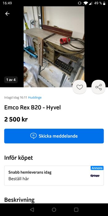 Annonsskärmbild: Emco Rex B20 hyvelbänk, begagnad, till salu för 2500 kr.