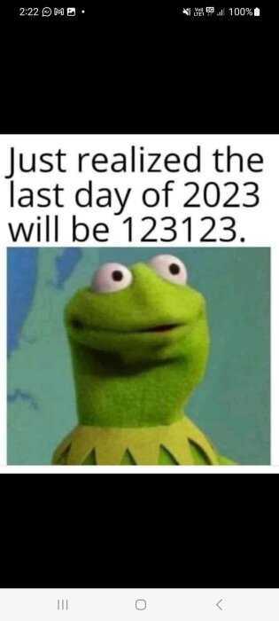 Memebild med text "Just realized the last day of 2023 will be 123123". Med en bild på Kermit the Frog, tidsstämpel och batteriindikator.