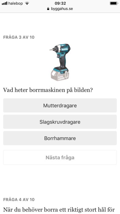 Quiz på skärm, fråga om borrskruvdragare, Makita, tre svarsalternativ, fråga 3 av 10.