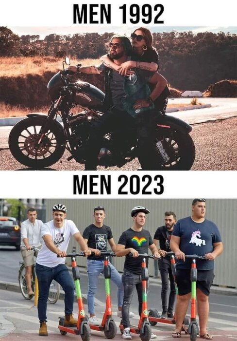 Två bilder jämför män 1992 på motorcykel med män 2023 på elsparkcyklar. Humoristisk kontrast.