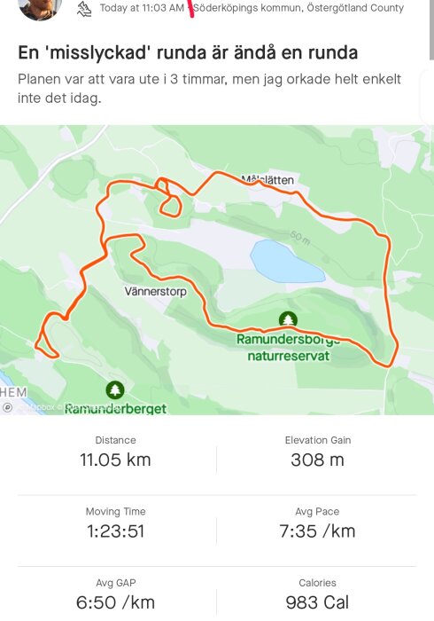 Skärmavbild av en löparrunda på karta, 11.05 km distans, naturreservat, statistik över tidsåtgång och kaloriförbrukning.