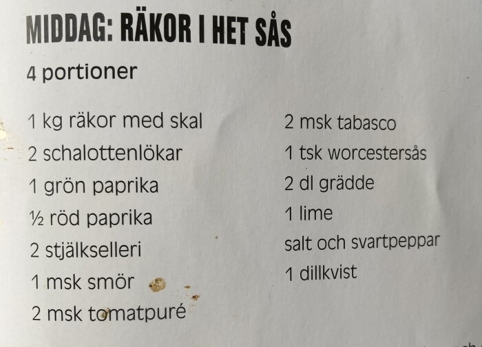 Recept för "räkor i het sås", ingredienser lista, för 4 portioner.