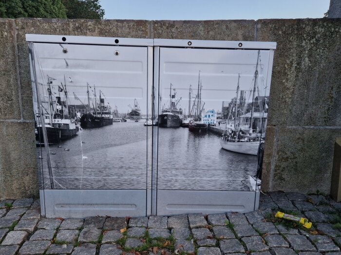Elstängsel med svartvit bild av hamn och segelfartyg, stenbeläggning i förgrunden.