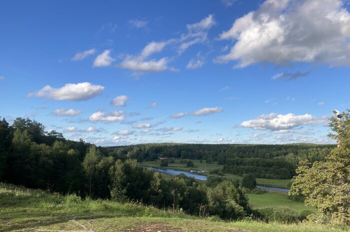 Utsikt över gröna fält, skog och en flod. Blå himmel med vita moln. Lugn, naturskönt landskap.