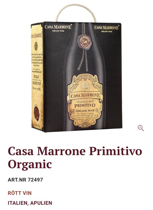 Förpackning för Casa Marrone Primitivo, ekologiskt rödvin från Italien, Apulien, Artikelnummer 72497.