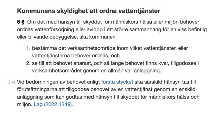 Svensk text om kommunens ansvar för vattentjänster och hänsyn till hälsa, miljö. (Lag 2022:1249)