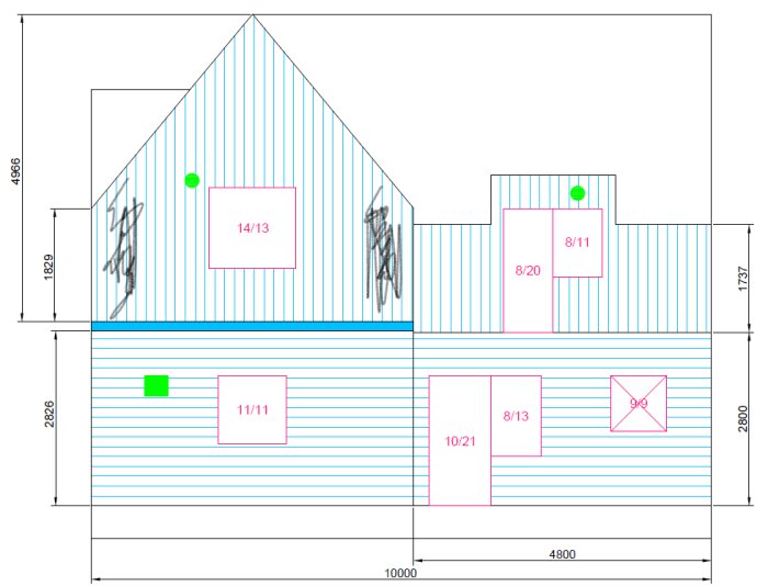 Arkitektritning av en byggnad med mått och symboler, färgglad, konstruktion, planvy.