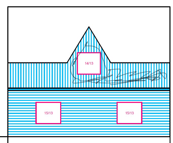 Abstrakt grafisk bild; blåa vertikala linjer, rosa rektanglar med text, geometrisk form som liknar hus.