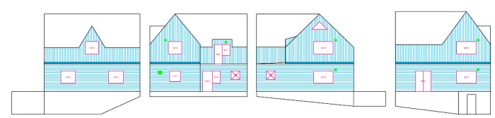 Fyra linjeteckningar av husfasader med måttsättning, olika fönster och dörrplaceringar.