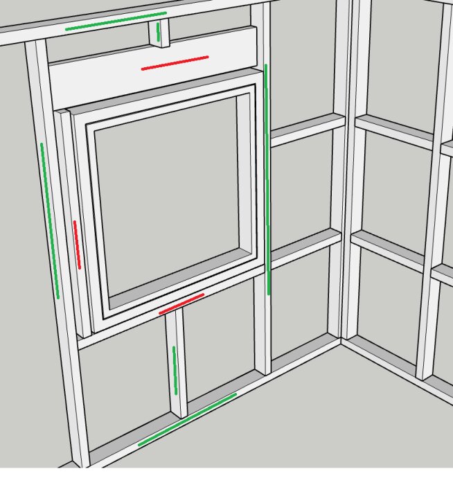 3D-ritning av ett fönster med markerade mått, förmodligen för konstruktion eller renovering.