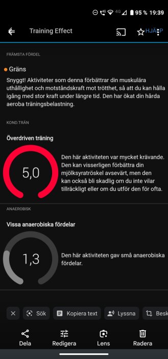 Skärm från träningsapp med feedback på pass. Anger muskulär uthållighet, risk för överträning, och anaerobiska fördelar.