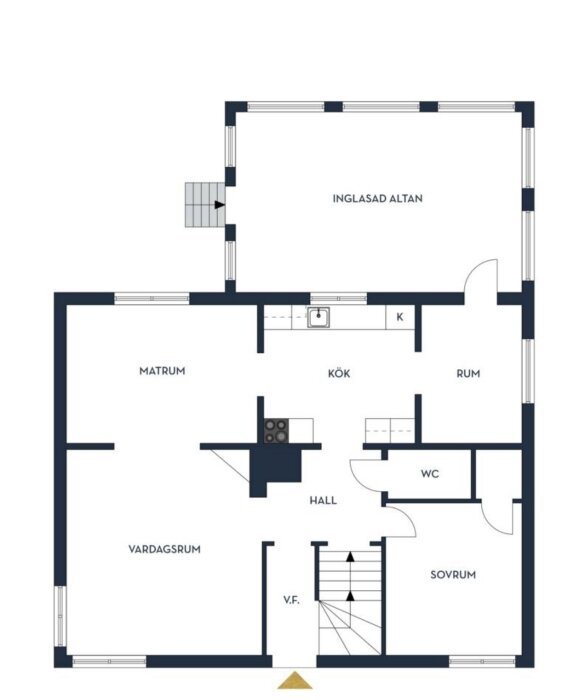 Planritning av en bostad med kök, vardagsrum, sovrum, matrum, WC, hall och inglasad altan.