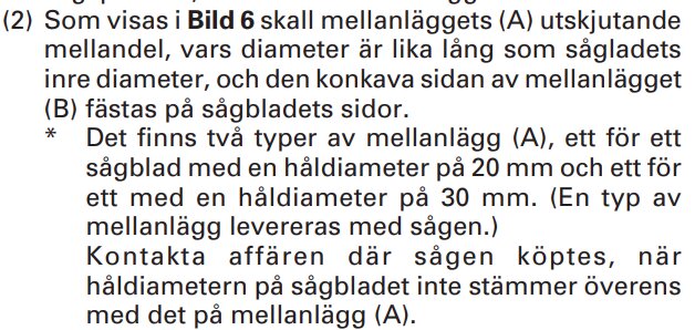 Svensk text om sågblad och mellanlägg instruktioner, teknisk dokumentation, detaljerad information, håldiameter, kontaktinformation.