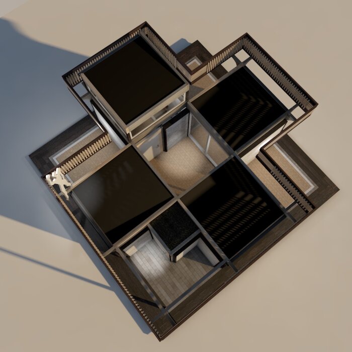 3D-modell av ett modernt tvåvåningshus, avskalad vy, inredningsdetaljer synliga, minimalistisk design.