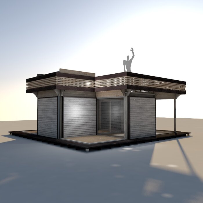 3D-renderad bild av en modern byggnad med en figur som står på taket mot solnedgången.