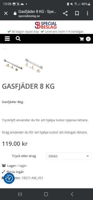 Skärmdump av en webshop som visar en 8 kg gasfjäder, pris 119 kronor, beskrivning av användning för luckor.