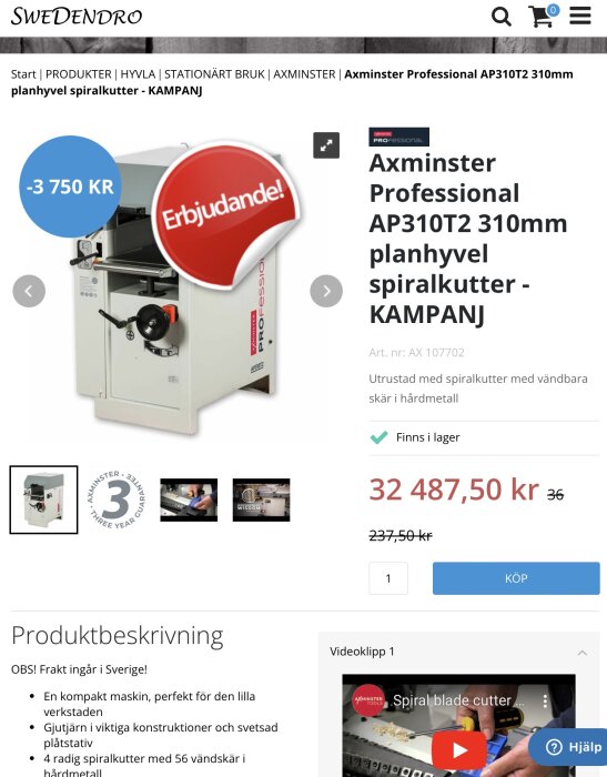 E-handelssida som visar Axminster Professional planhyvel, rabatterat pris, kampanj, produktbeskrivning, köpknapp och hjälpalternativ.