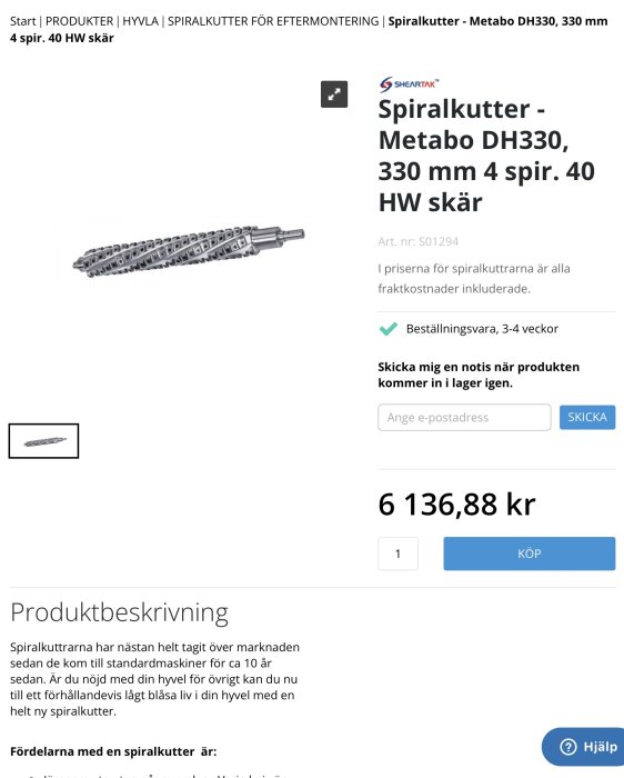 Verktygsföretagets hemsida visar en spiralfräs för hyvel, Metabo DH330, med pris och köpalternativ.