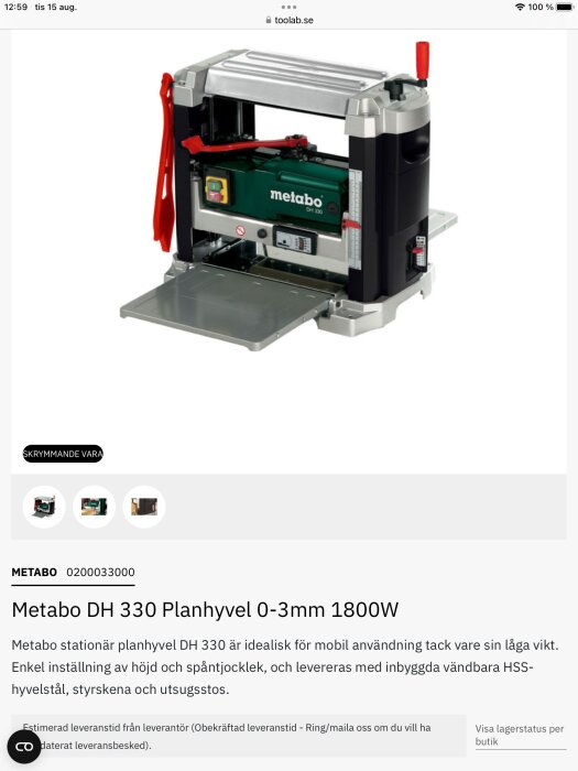 Metabo elektrisk hyvel för träbearbetning med justeringsrattar, stödplatta och robust konstruktion.