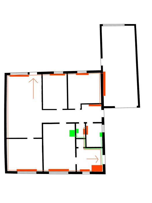 Enkel ritning av en planlösning med markerade utrymningsvägar och dörrar i svart och orange.