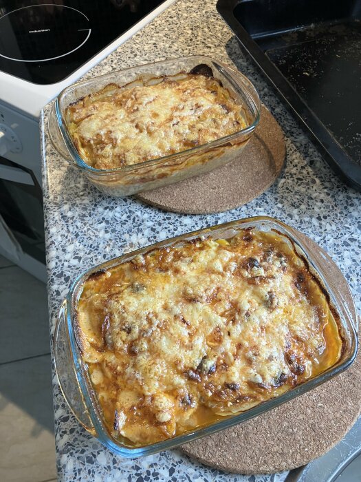 Två formar med gratinerad mat, förmodligen lasagne, på ett köksbänk nära en induktionshäll.