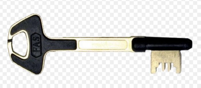 En nyckel med svart och gulddetaljer mot en vit bakgrund.