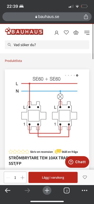 Skärmdump på en webbutik med ett schema över en strömbrytare. Five-star review synlig.