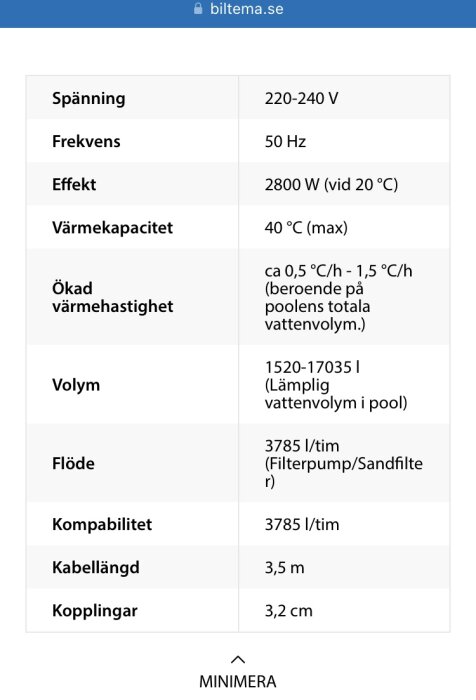 Tekniska specifikationer för produkt, inkluderar spänning, effekt, värmekapacitet och volymkrav för pool.