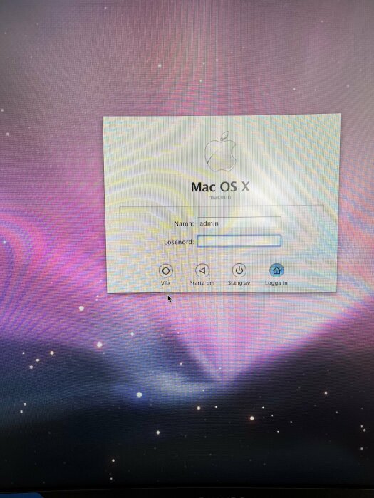 Inloggningsfönster för Mac OS X på en dator med användarnamnet "admin" och plats för lösenord.