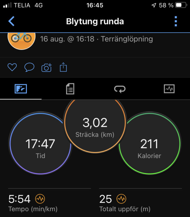 Skärmdump av träningsapp visar terränglöpning, 3,02 km, 17:47 min, 211 kcal, tempo 5:54 min/km.