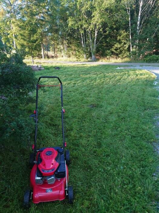 Röd gräsklippare i förgrunden, nyslaget gräs, träd och buskar i bakgrunden, soligt väder.