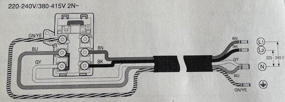 Elektrisk kopplingsschema för en apparat med flerpolig strömbrytare och märkningar för olika spänningar.