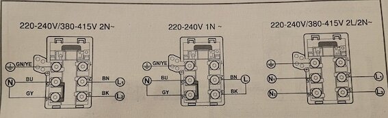 Elektriska anslutningsscheman för tre olika spänningskonfigurationer, färgkodade ledningar, teknisk illustration.